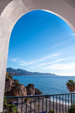 Panorama from Balcon de Europa in the city of Nerja in Malaga, Spain in 2022.