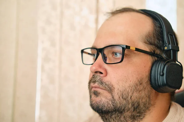 European Man Glasses Headphones Closeup Portrait — Stock Photo, Image