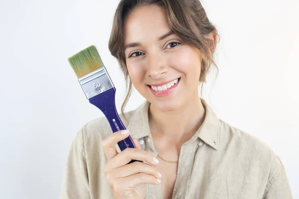 Happy Woman Holding Painting Brush Artist — Stockfoto