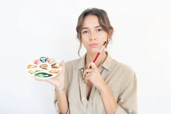 Creative Block Young Woman Thinking Holding Godet Painting Brush — Stockfoto