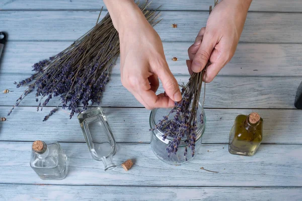 Close Young Woman Making Homemade Lavender Essential Oil — Fotografia de Stock