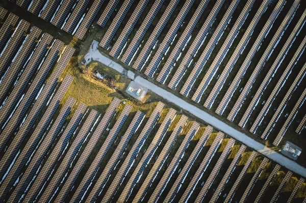 Flygfoto Vägen Genom Solpanel Gård För Förnybar Energi — Stockfoto