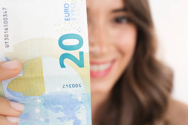 Earn Money Happy Woman Holding Cash Euro Bill — Stock Photo, Image