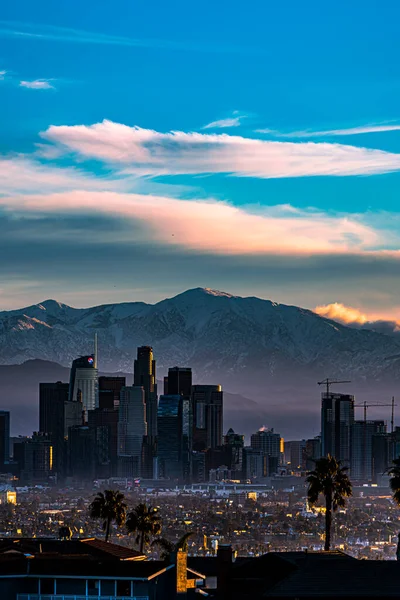 Palm Trees Meet Snow Capped Mountains City Angels — Stock Photo, Image