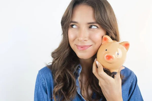 Woman Holding Piggy Bank Savings Dreams — Stock Photo, Image