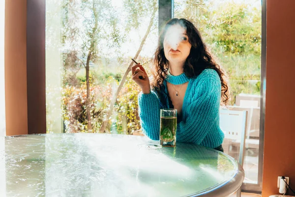 Lonely Woman Drinking Smoking Home — Stockfoto