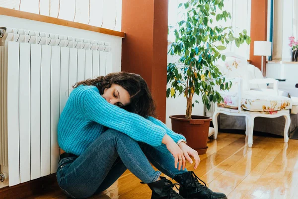 Sad Woman Dressed Blue Sitting Living Room Her House — Stock Photo, Image