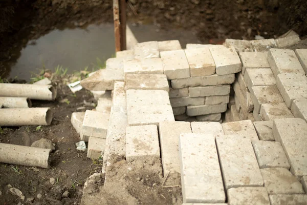 Unsuccessful Construction Stone Blocks Lie Crookedly — Stock Photo, Image