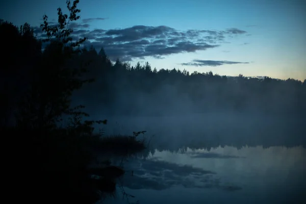 Fog on lake before dawn. Morning fog in forest. Mystical forest.