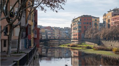 Girona, Spain : january 2023 : Colorful houses reflected in the Onyar river, in Girona, Catalonia, Spain. Church of Sant Feliu and Cathedral of Santa Mara in the background in 2023. 
