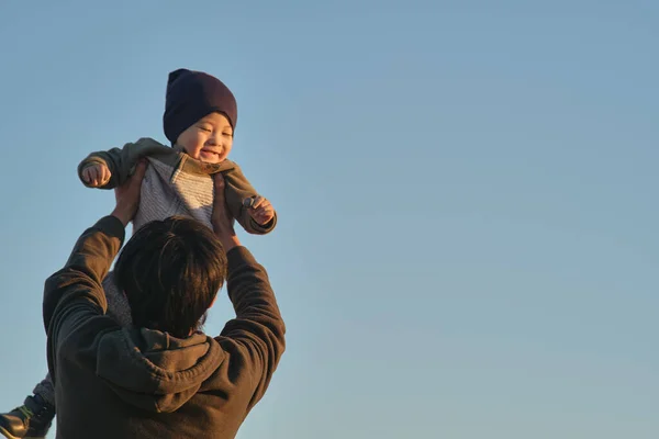 Father Little Son Asian Appearance Father Throws Child — Stock Photo, Image