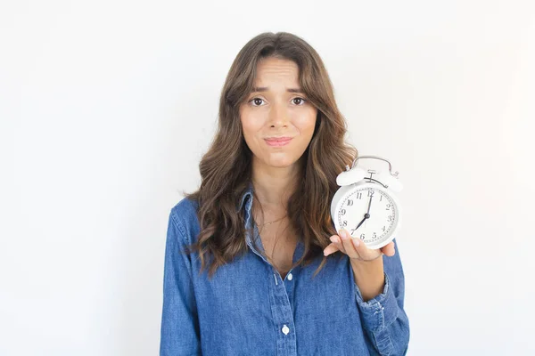 Time Wasted Frustrated Woman Holding Clock — Stock fotografie