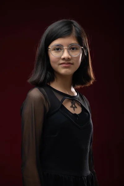 Year Old Girl Portrait Isolated Red Background Wearing Glasses — 图库照片