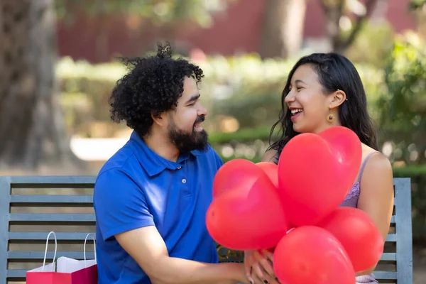 Mexican Young Latin Couple Laughing Talking Valentine — Stockfoto