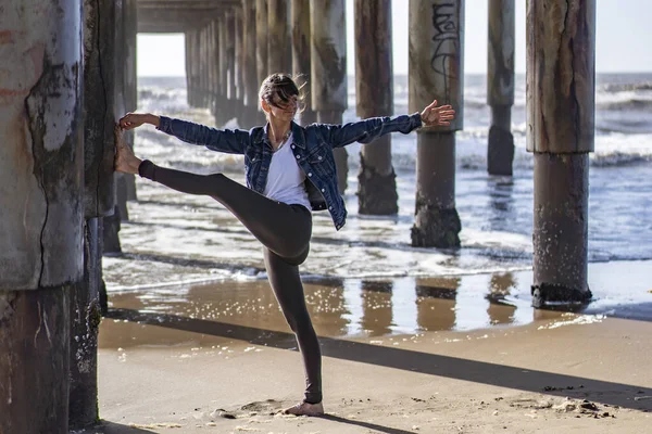 Woman Doing Stretching Exercises Pier — Stok fotoğraf