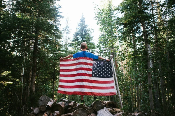 Bandera Americana Sostenida Por Niño Bosque Pinos Prístinos América —  Fotos de Stock