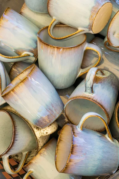 Handmade Ceramic Mugs Stacks Background — ストック写真