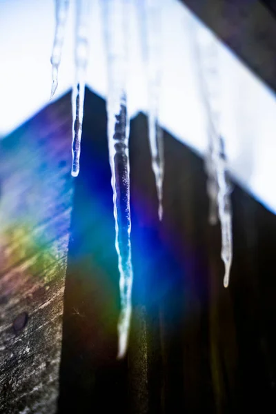 Icicles Roof Melting Rainbow Light Made Prism Winter — Stock Photo, Image