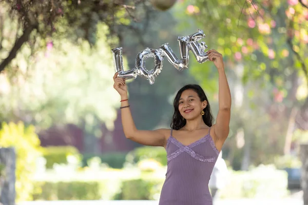 Mexican Brunette Holding Love Balloon Letters Woman Day Self Love — Fotografia de Stock