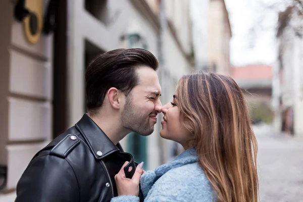 Stylish Happy Couple Enjoying Date Street European City — Stockfoto