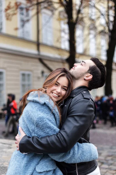 Stylish Happy Couple Enjoying Date Street European City — Stok fotoğraf