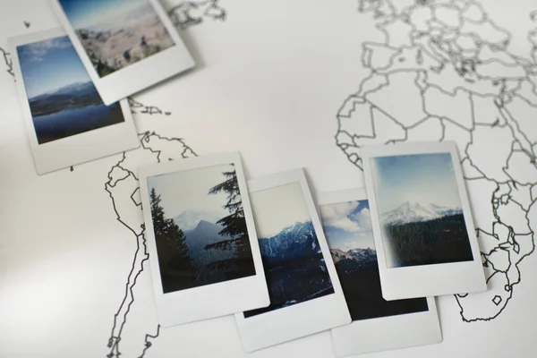 Polaroid Photos Layout Mountains Travel World Map — Stock Photo, Image