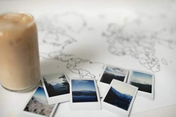 Polaroid Photos Layout Mountains Travel World Map — Stock fotografie