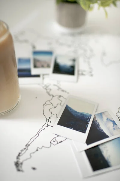 Polaroid Photos Travel World Map Iced Coffee Plant —  Fotos de Stock