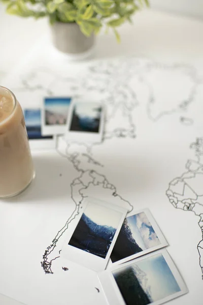 Polaroid Photos Travel World Map Iced Coffee Plant — Zdjęcie stockowe