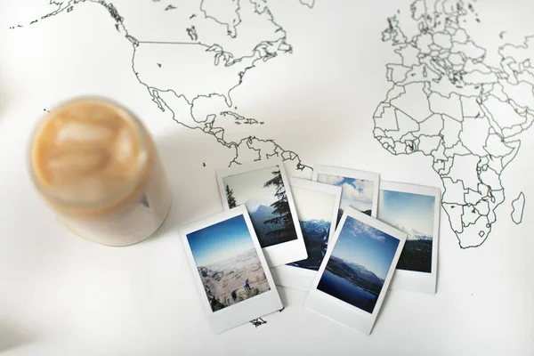 Polaroid Photos Layout Mountains Travel World Map —  Fotos de Stock