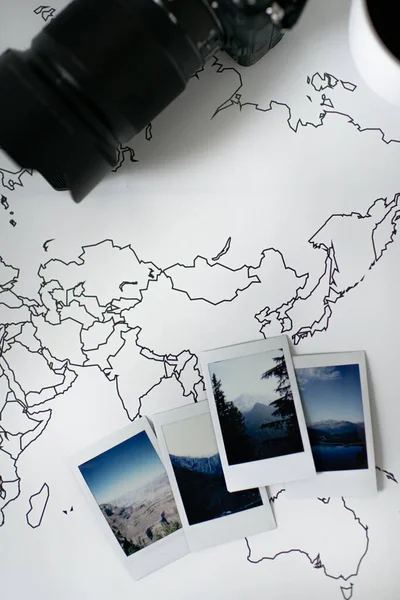 Polaroid Photos Layout Mountains Travel World Map Camera — Stockfoto