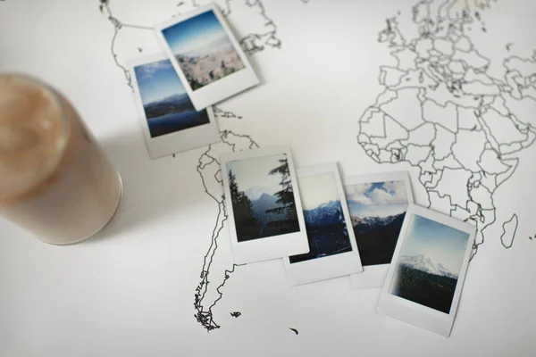 Polaroid Photos Layout Mountains Travel World Map — Foto Stock