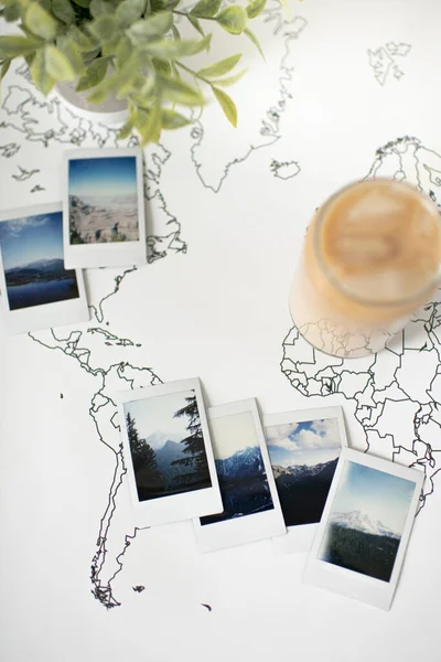 Polaroid Photos Travel World Map Iced Coffee Plant — Zdjęcie stockowe