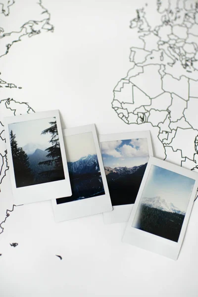 Polaroid Photos Layout Scenic Mountains Travel World Map — Foto Stock