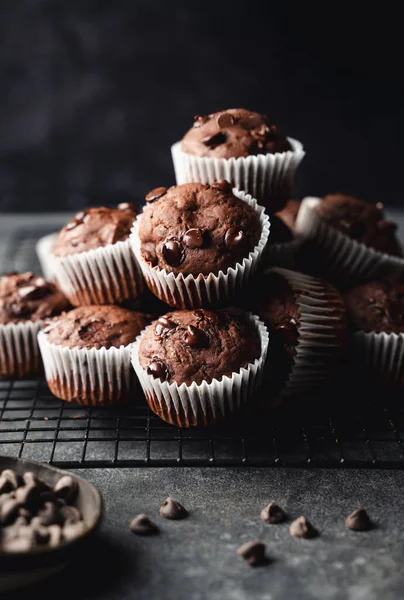 Close Chocolate Chip Zucchini Muffins Black Background — Stockfoto