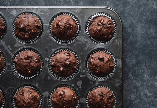 Overhead Tin Chocolate Zucchini Muffins Black Background — Stok fotoğraf