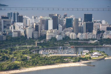 Beautiful view from Sugar Loaf Mountain to downtown area buildings and bay ocean water, Rio de Janeiro, Brazil