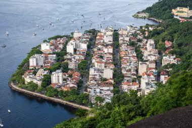 Beautiful view from Sugar Loaf Mountain to Urca buildings and bay ocean water, Rio de Janeiro, Brazil