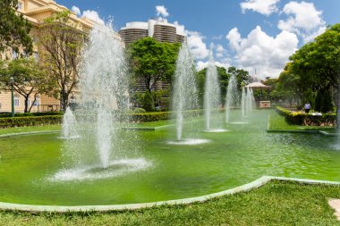Beautiful view to water fountain and gazebo on green public park in Belo Horizonte, Minas Gerais, Brazil