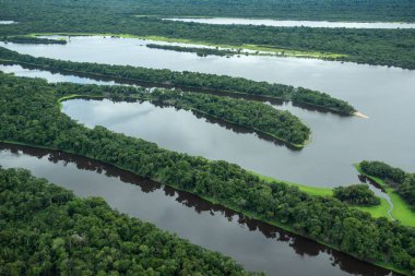 Beautiful aerial view to large river and green Amazon Rainforest, near Manaus, Amazonas State, Brazil