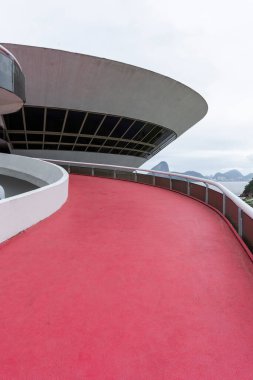 Beautiful view to red ramp in modern architecture museum MAC by Oscan Niemeyer, Rio de Janeiro, Brazil