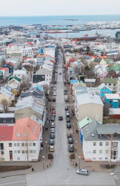 View of colorful rooftops from Hallgrmskirkja in Reykjavik 