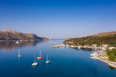 Drone morning view of the harbour of Leros in Greece