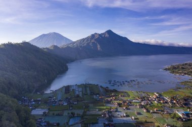 Aerial drone view of the Batur lake in Bali Indonesia