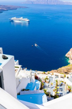 Overhead view of Greek ferry from Fira Village, Santorini