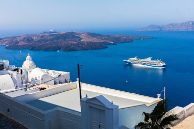 Overhead view of Greek ferry from Fira Village, Santorini