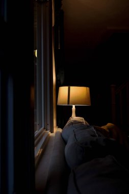 Single Table Lamp Lit in Dark Shadows of Rainy Day in Living Room