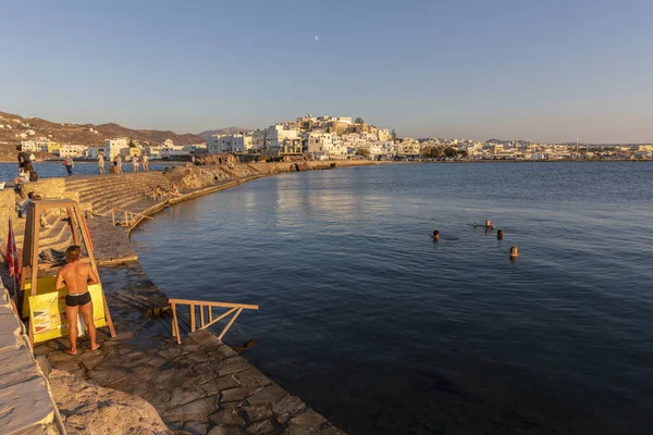 Swimmers View Naxos Town Greek Islands — Stock Photo, Image