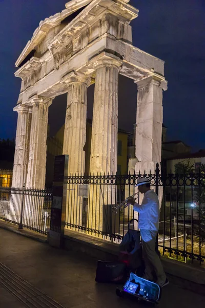 Street Musician Plays Trumpet Night Front Ruins — Stock Photo, Image