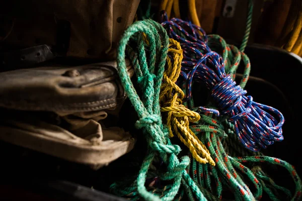 Colorful Ropes Tied Resting Work Bag Barn Workshop — Stock Photo, Image